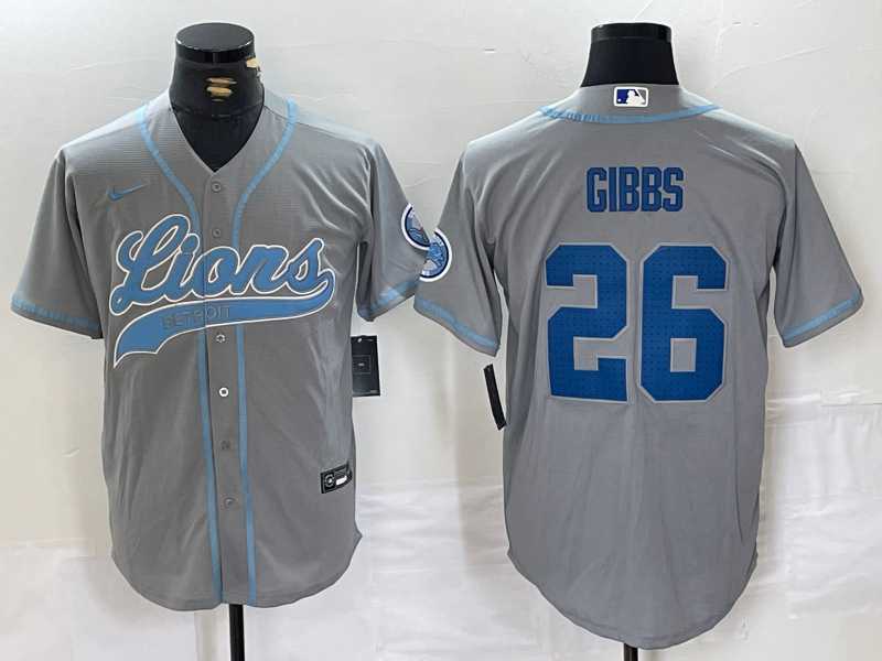 Men%27s Detroit Lions #26 Jahmyr Gibbs Grey With Patch Cool Base Stitched Baseball Jersey